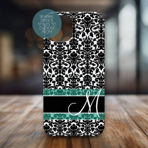 Coque iPhone 16 Motif Damas noir et blanc avec Monogramme