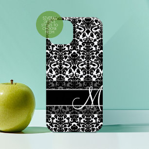 Coque iPhone 16 Motif Damas noir et blanc Monogramme de script