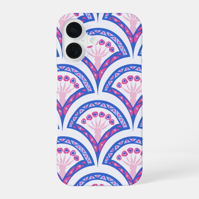 Coque iPhone 16 motif damassé floral bleu (Verso)