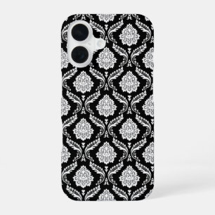 Coque iPhone 16 Motif Damassé Rococo Blanc sur Fond Noir