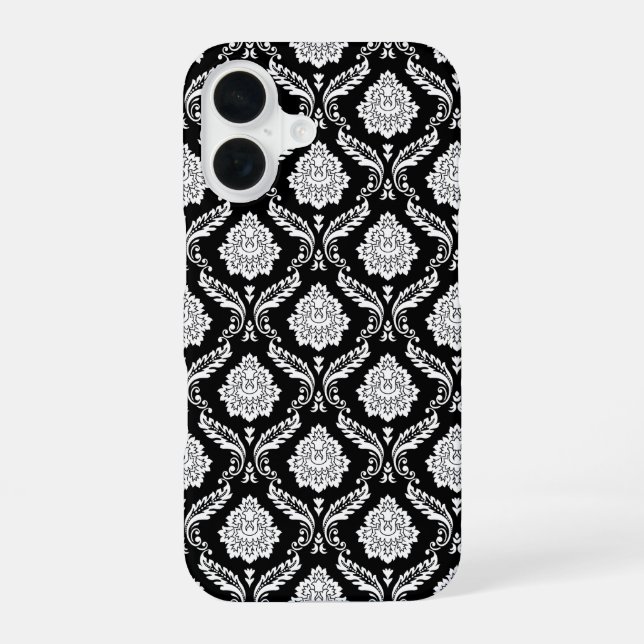 Coque iPhone 16 Motif Damassé Rococo Blanc sur Fond Noir  (Verso)
