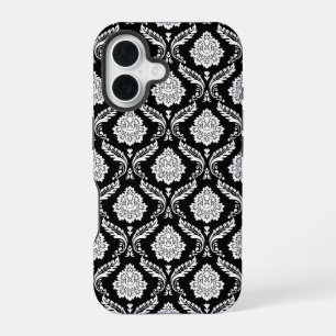 Coque iPhone 16 Motif Damassé Rococo Blanc sur Fond Noir