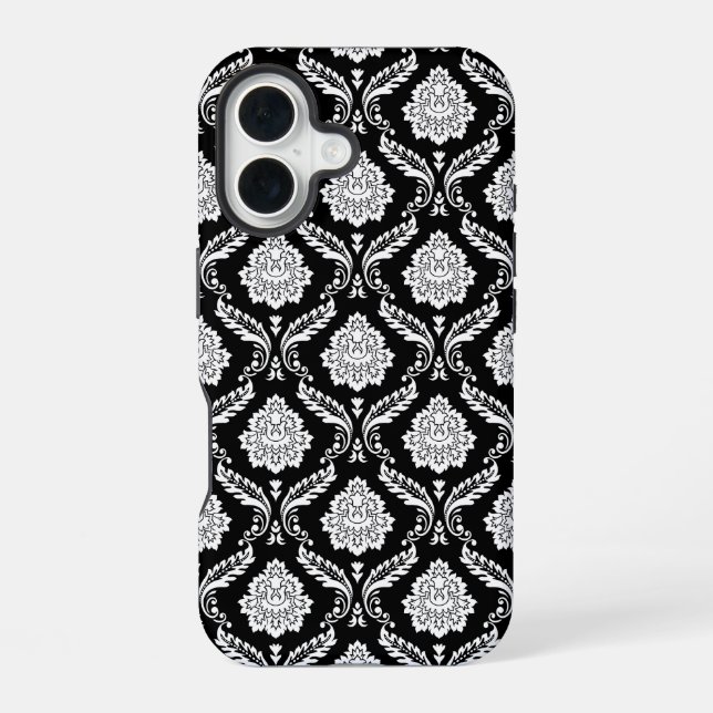Coque iPhone 16 Motif Damassé Rococo Blanc sur Fond Noir  (Verso)