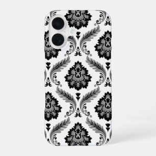 Coque iPhone 16 Motif Damassé Rococo Gris Noir Blanc