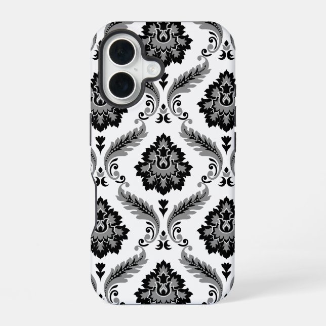 Coque iPhone 16 Motif Damassé Rococo Gris Noir Blanc (Verso)