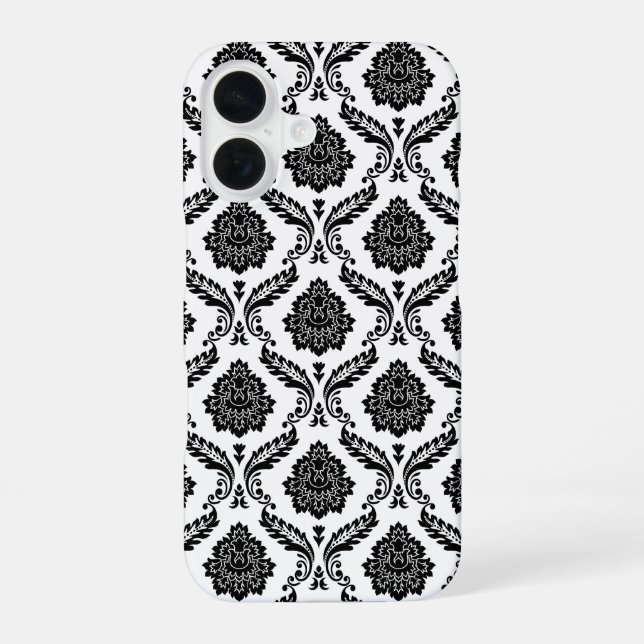 Coque iPhone 16 Motif Damassé Rococo Noir sur Blanc (Verso)