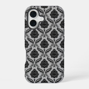 Coque iPhone 16 Motif Damassé Rococo Noir sur Gris