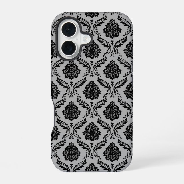 Coque iPhone 16 Motif Damassé Rococo Noir sur Gris (Verso)