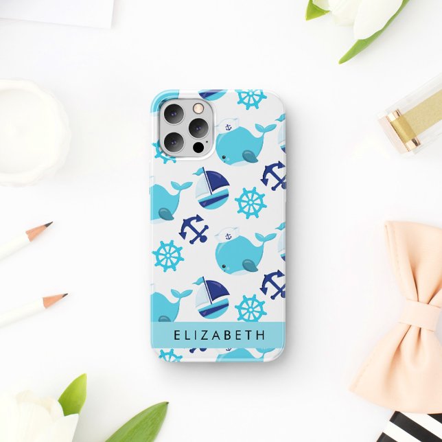 Coque iPhone 16 Motif De Baleines, Baleines Bleues, Votre Nom (Créateur téléchargé)