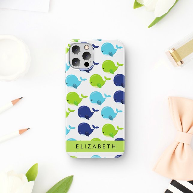 Coque iPhone 16 Motif De Baleines, Baleines Mignonnes, Votre Nom (Créateur téléchargé)