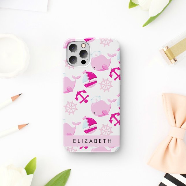 Coque iPhone 16 Motif de baleines, baleines roses, votre nom (Créateur téléchargé)