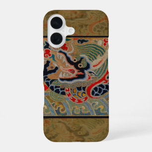 Coque iPhone 16 Motif de broderie en soie de dragon chinois antiqu