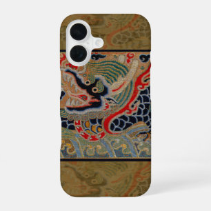 Coque iPhone 16 Motif de broderie en soie de dragon chinois antiqu