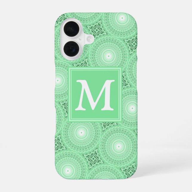 Coque iPhone 16 Motif de cercles vert printemps monogramme (Verso)