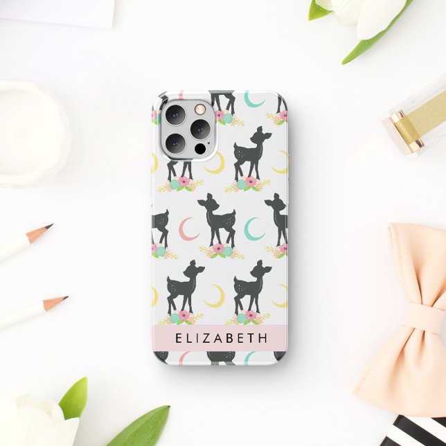 Coque iPhone 16 Motif de cerf, bébé cerf, Boho, fleurs, votre nom (Créateur téléchargé)