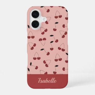 Coque iPhone 16 Motif de cerise à pois avec nom personnalisé
