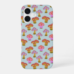 Coque iPhone 16 Motif de champignon hippie rétro mignon en bleu pa