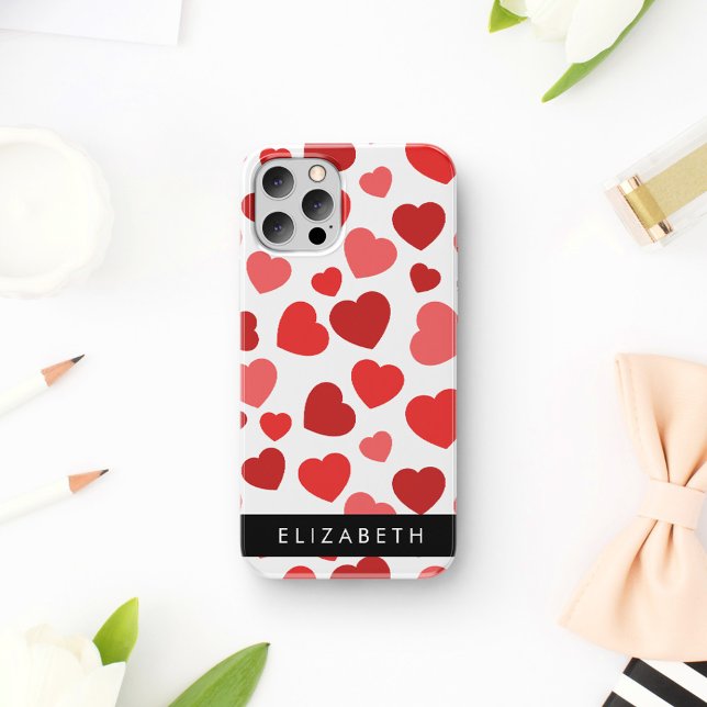 Coque iPhone 16 Motif de cœurs, cœurs rouges, votre nom (Créateur téléchargé)
