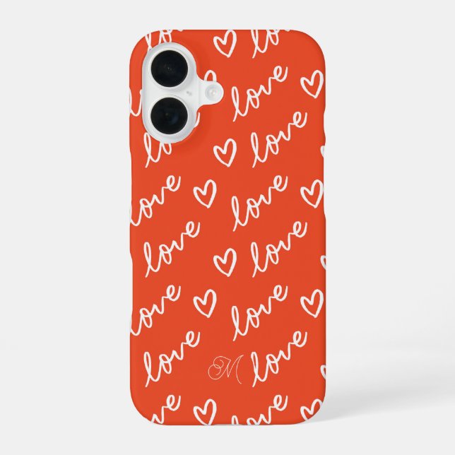 Coque iPhone 16 Motif de cœurs d'amour mignons avec monogramme rou (Verso)