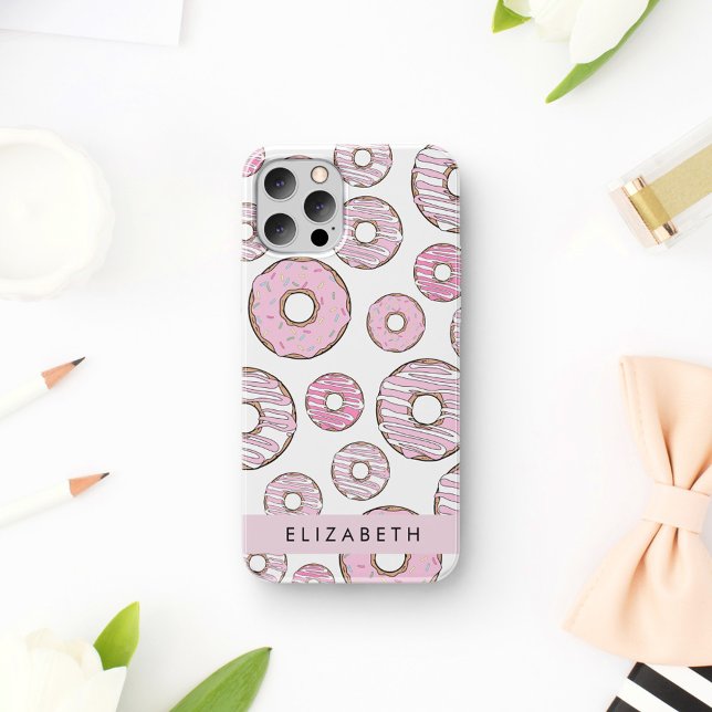 Coque iPhone 16 Motif de donuts, Donuts roses, Glaçage, Votre nom (Créateur téléchargé)