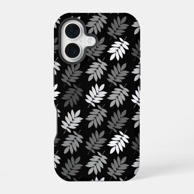 Coque iPhone 16 Motif de feuille aînée noir blanc gris (Verso)