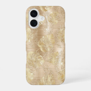 Coque iPhone 16 Motif de feuilles de palmier fantaisie pailleté or