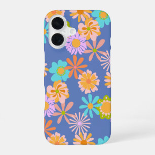 Coque iPhone 16 Motif de fleur rétro hippie en bleu 