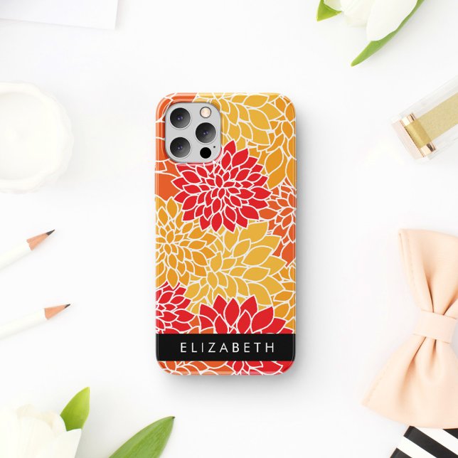 Coque iPhone 16 Motif De Fleurs, Dahlia Orange, Votre Nom (Créateur téléchargé)