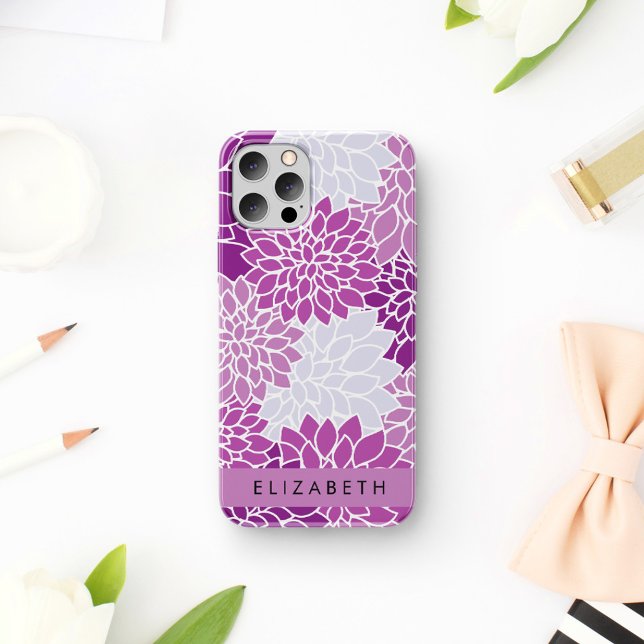 Coque iPhone 16 Motif De Fleurs, Dahlia Violet, Votre Nom (Créateur téléchargé)