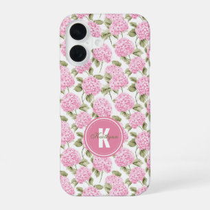 Coque iPhone 16 Motif de fleurs d'hydrangea rose élégant avec mono