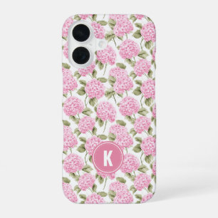 Coque iPhone 16 Motif de fleurs d'hydrangea rose élégant avec mono