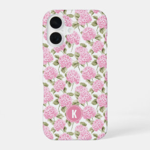 Coque iPhone 16 Motif de fleurs d'hydrangea rose élégant avec mono