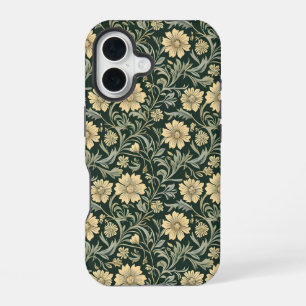 Coque iPhone 16 Motif de fleurs jaunes stylisées vert foncé