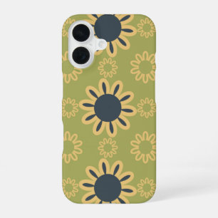 Coque iPhone 16 Motif de fleurs rétro abstrait noir et jaune