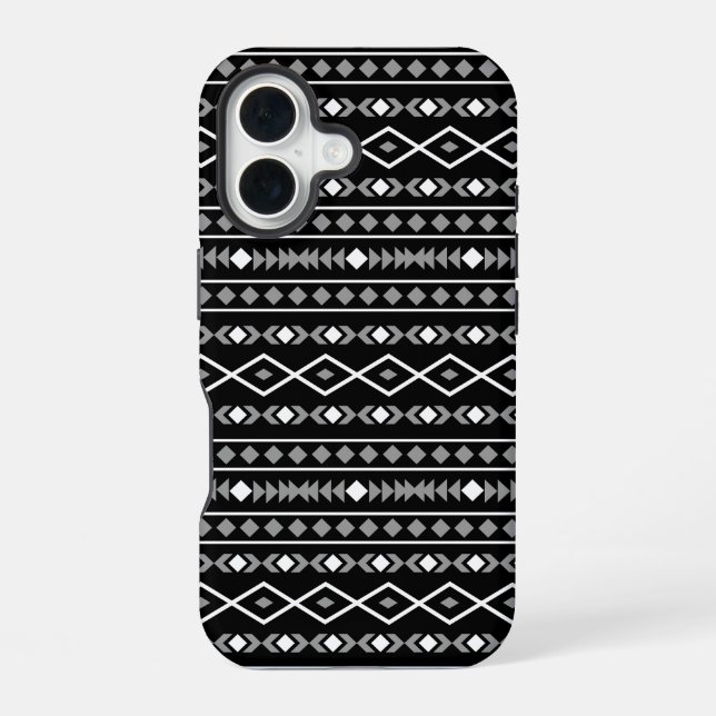 Coque iPhone 16 Motif de formes aztèques blanc gris noir (Verso)