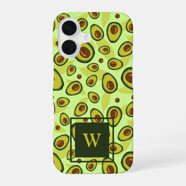 Coque iPhone 16 Motif de fruit d'avocat vert monogramme (Verso)