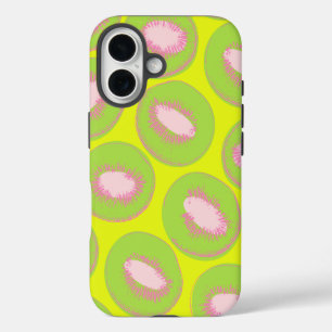 Coque iPhone 16 Motif de fruit Pop Art Kiwi en chartreuse et rose
