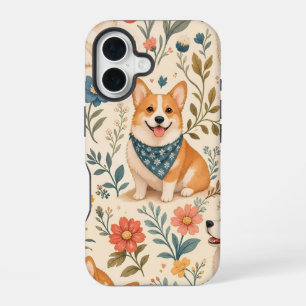 Coque iPhone 16 Motif de jardin floral Corgi mignon