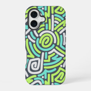 Coque iPhone 16 Motif de labyrinthe ondulé néon vert et cyan