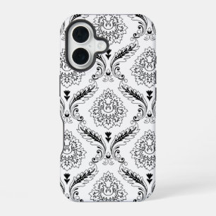 Coque iPhone 16 Motif de ligne damassé Rococo noir sur blanc