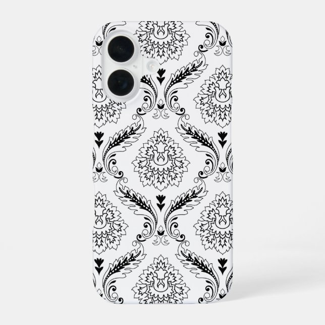 Coque iPhone 16 Motif de ligne damassé rococo noir sur blanc (Verso)