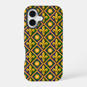 Coque iPhone 16 Motif de Mardi gras avec fleur-de-lis dorée