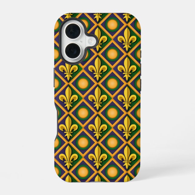 Coque iPhone 16 Motif de Mardi gras avec fleur-de-lis dorée (Verso)