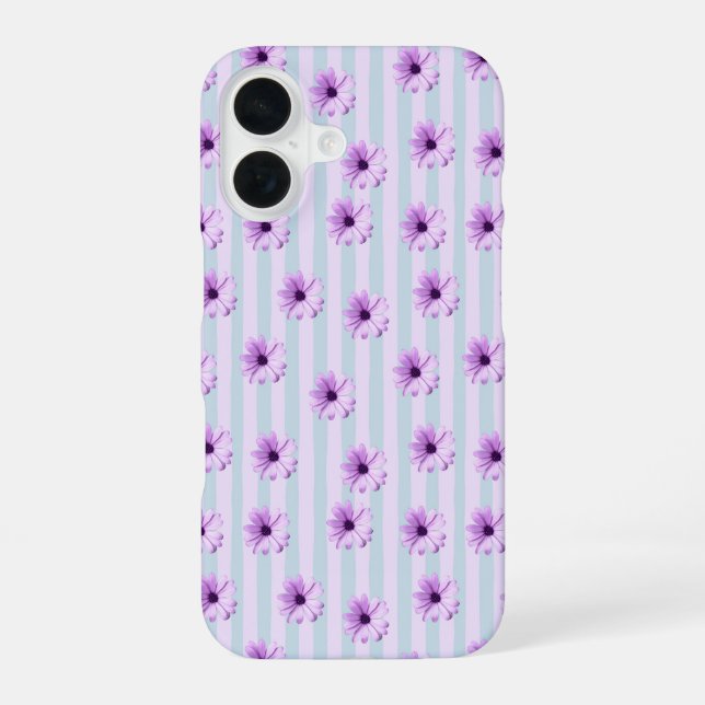 Coque iPhone 16 motif de marguerite rayée de bleu et de violet (Verso)