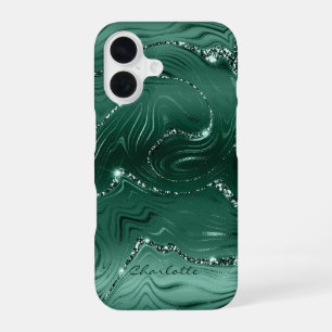 Coque iPhone 16 Motif de Parties scintillant d'argent Emerald Gree
