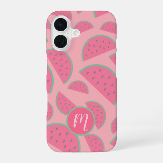 Coque iPhone 16 Motif de pastèque rose mignon monogramme (Verso)