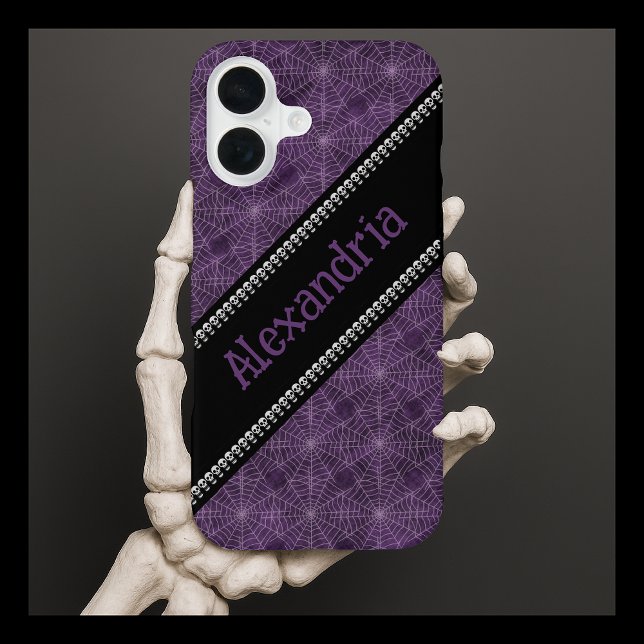 Coque iPhone 16 Motif de toile d'araignée violette avec nom person (Créateur téléchargé)