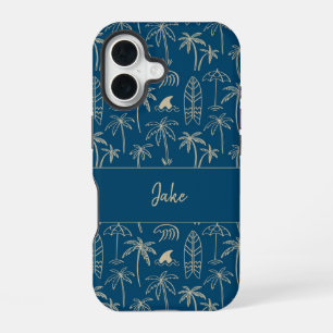 Coque iPhone 16 Motif de vacances à la plage et votre nom en beige