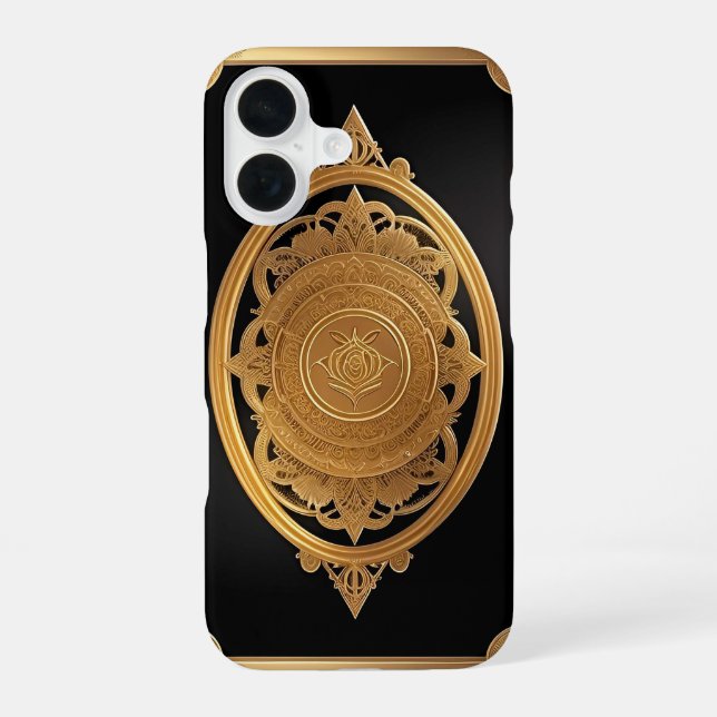 Coque iPhone 16 Motif décoratif doré avec rose complexe (Verso)