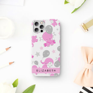 Coque iPhone 16 Motif d'éléphants roses, étoiles, votre nom